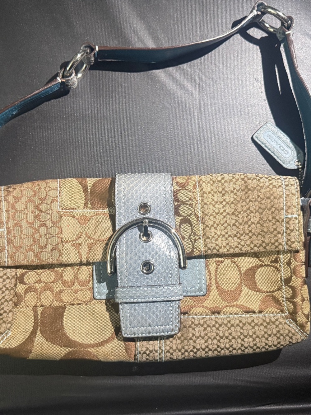 Coach 3689 Beige Blue Snakeskin Soho Shoulder Bag